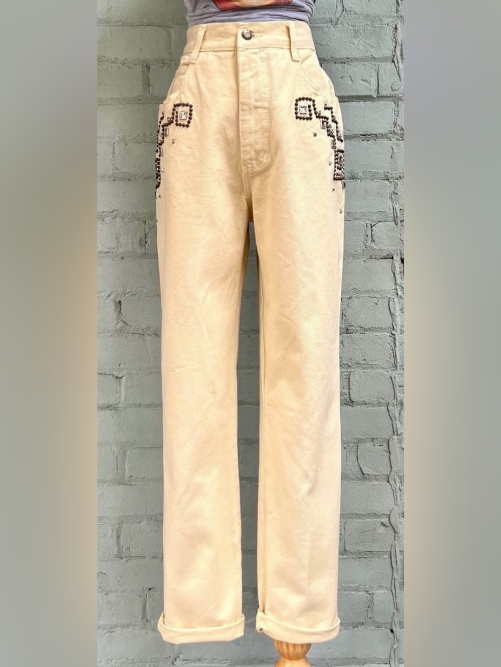 Vintage Cream Straight-Leg Jeans with Beaded Pocket Detail